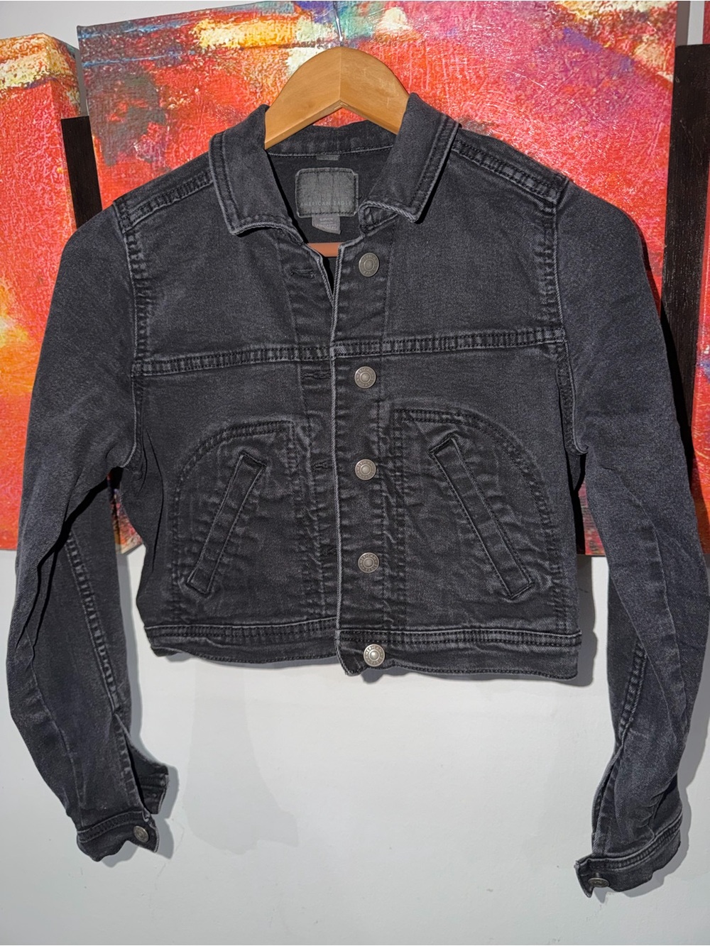 AE Cropped Black denim Jacket. Size: S